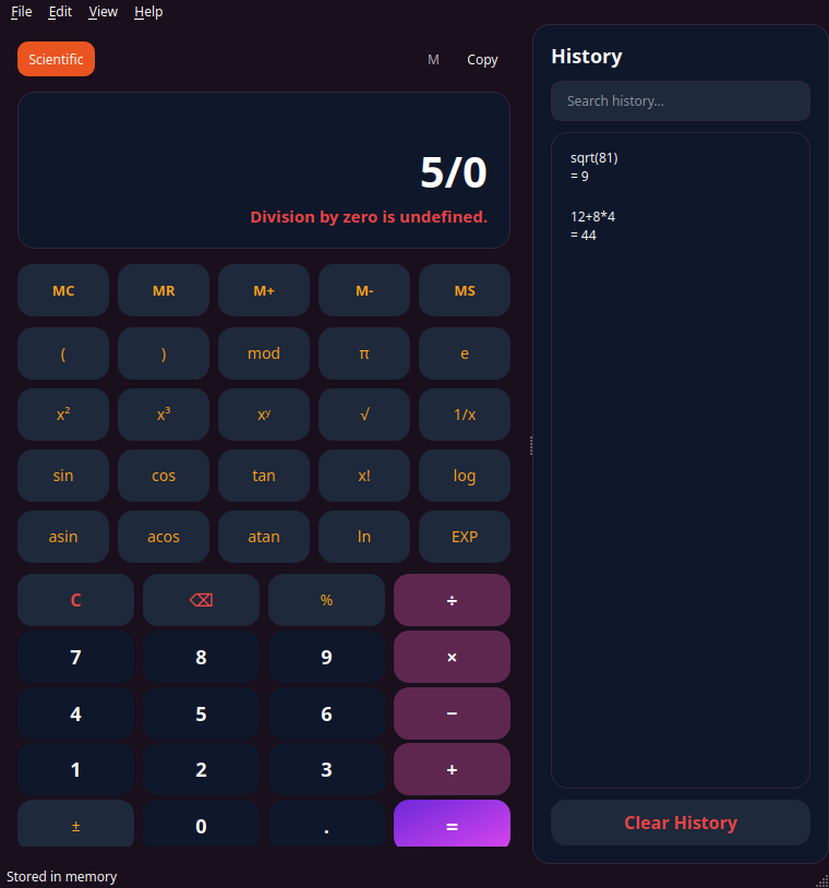 Screenshot of Nexon Calculator in scientific mode with the calculation history sidebar open