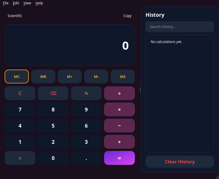 Screenshot of Nexon Calculator, a GNOME-inspired scientific calculator built with PyQt6, in dark theme